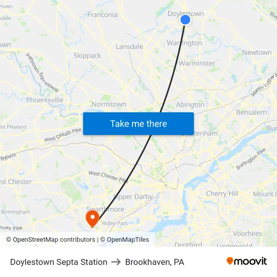 Doylestown Septa Station to Brookhaven, PA map