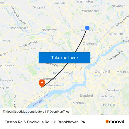 Easton Rd & Davisville Rd to Brookhaven, PA map