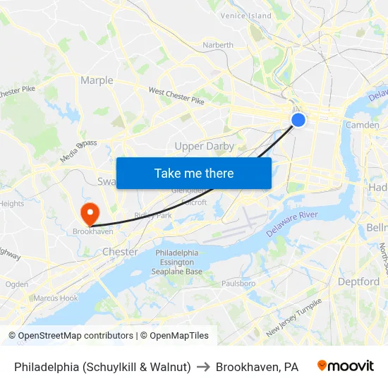 Philadelphia (Schuylkill & Walnut) to Brookhaven, PA map