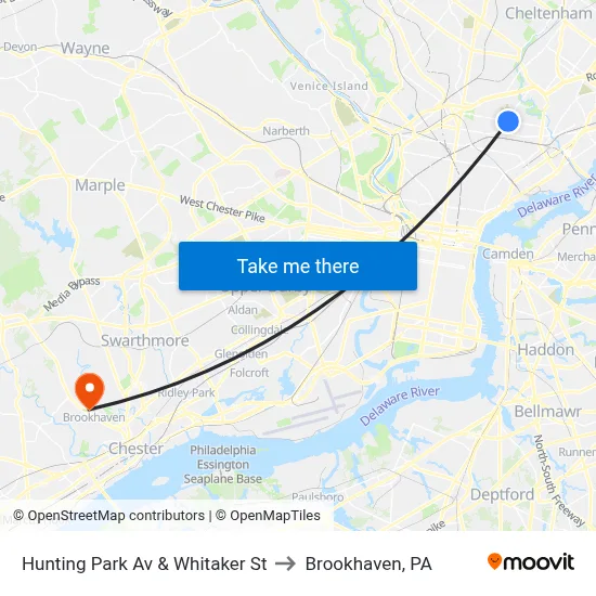 Hunting Park Av & Whitaker St to Brookhaven, PA map