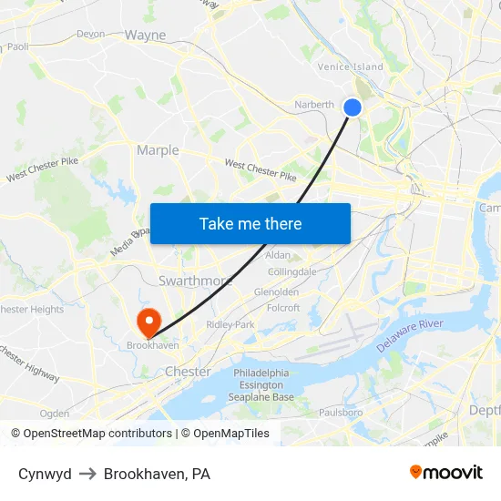 Cynwyd to Brookhaven, PA map