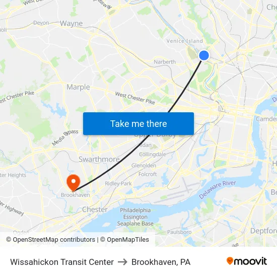 Wissahickon Transit Center to Brookhaven, PA map