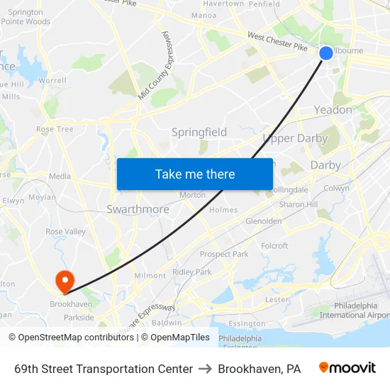 69th Street Transportation Center to Brookhaven, PA map