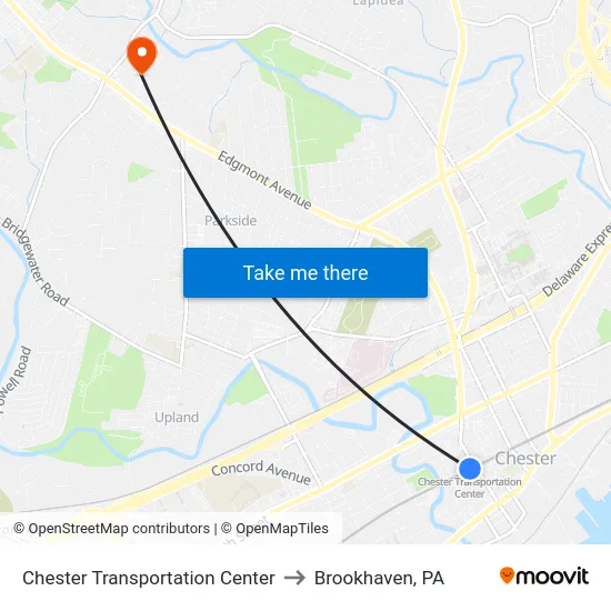 Chester Transportation Center to Brookhaven, PA map