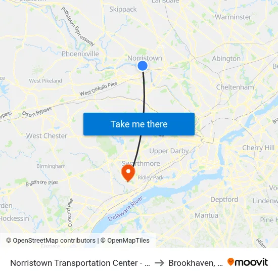 Norristown Transportation Center - Nhsl to Brookhaven, PA map