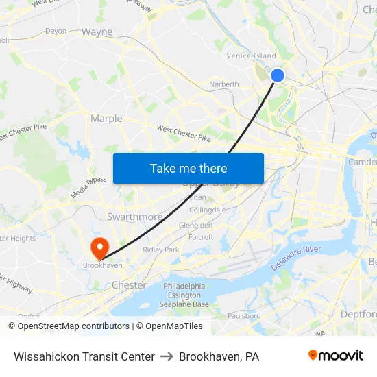 Wissahickon Transit Center to Brookhaven, PA map