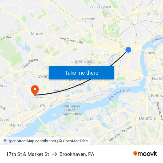 17th St & Market St to Brookhaven, PA map