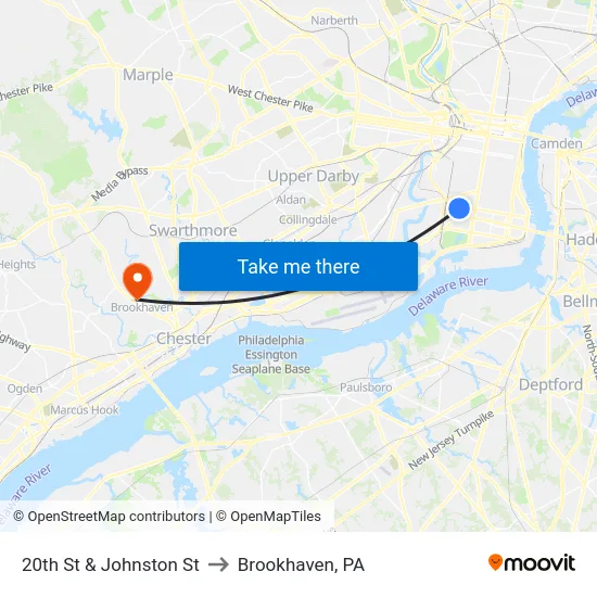 20th St & Johnston St to Brookhaven, PA map