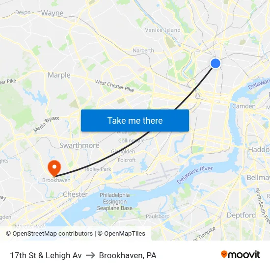 17th St & Lehigh Av to Brookhaven, PA map