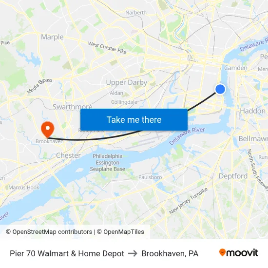 Pier 70 Walmart & Home Depot to Brookhaven, PA map