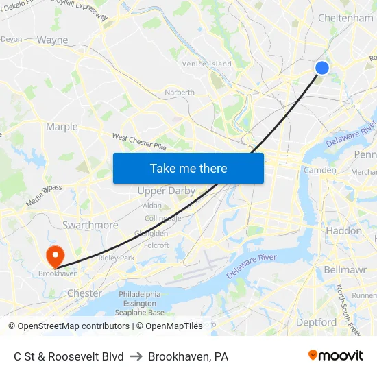 C St & Roosevelt Blvd to Brookhaven, PA map