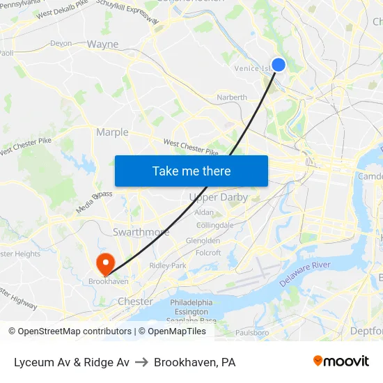 Lyceum Av & Ridge Av to Brookhaven, PA map