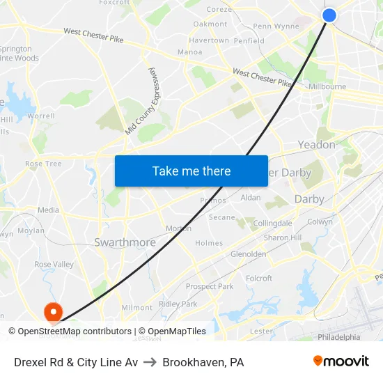 Drexel Rd & City Line Av to Brookhaven, PA map