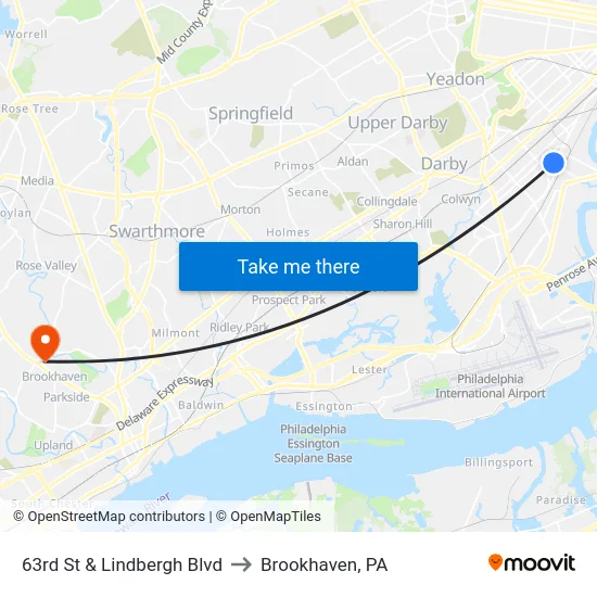 63rd St & Lindbergh Blvd to Brookhaven, PA map