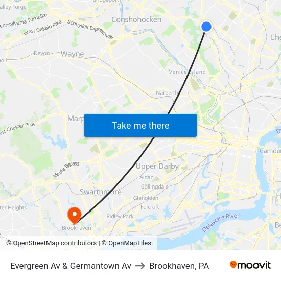 Evergreen Av & Germantown Av to Brookhaven, PA map