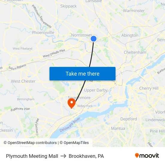 Plymouth Meeting Mall to Brookhaven, PA map