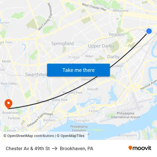 Chester Av & 49th St to Brookhaven, PA map