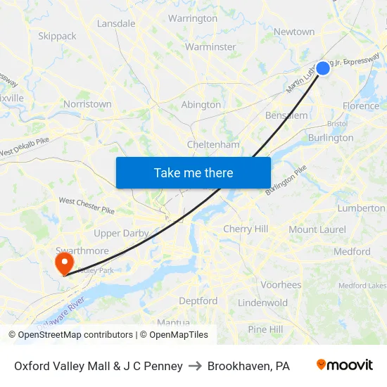 Oxford Valley Mall & J C Penney to Brookhaven, PA map