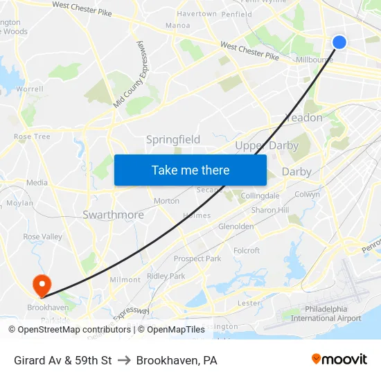 Girard Av & 59th St to Brookhaven, PA map