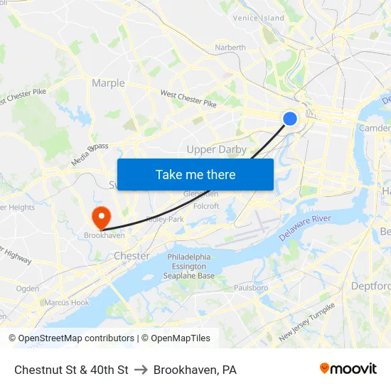 Chestnut St & 40th St to Brookhaven, PA map