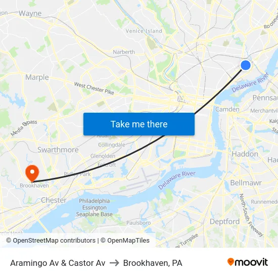 Aramingo Av & Castor Av to Brookhaven, PA map