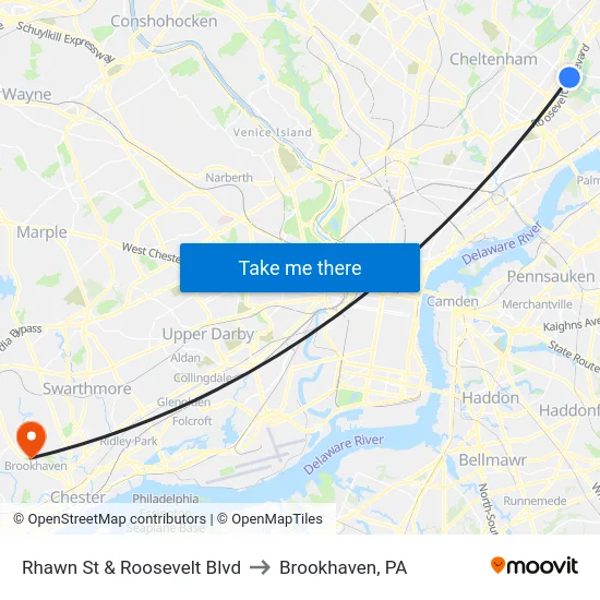 Rhawn St & Roosevelt Blvd to Brookhaven, PA map