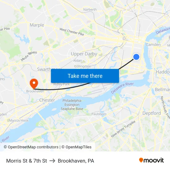 Morris St & 7th St to Brookhaven, PA map