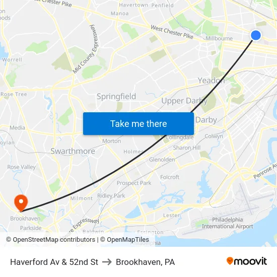Haverford Av & 52nd St to Brookhaven, PA map