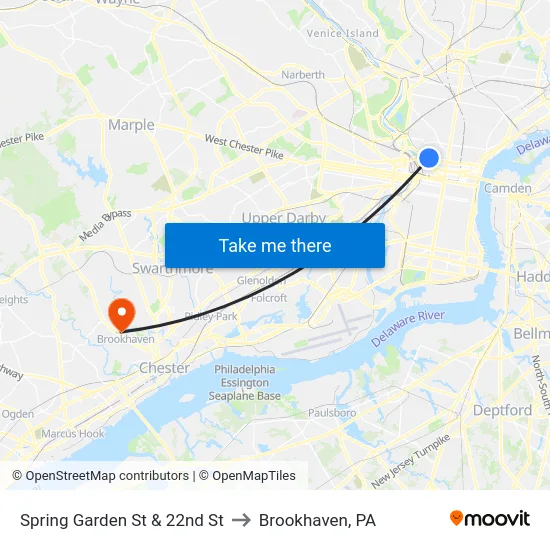 Spring Garden St & 22nd St to Brookhaven, PA map