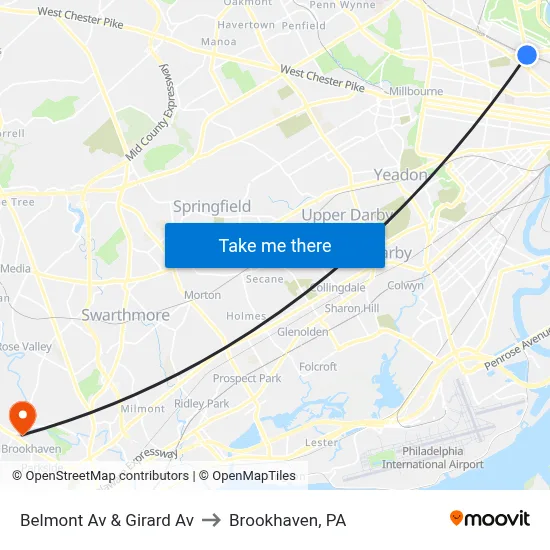 Belmont Av & Girard Av to Brookhaven, PA map