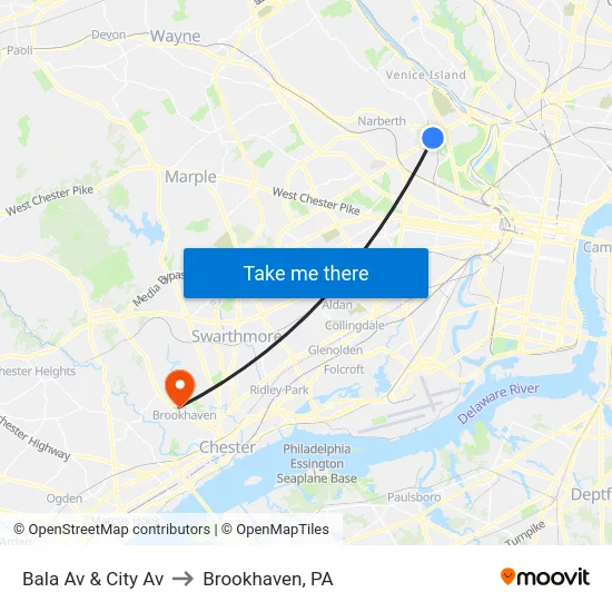 Bala Av & City Av to Brookhaven, PA map