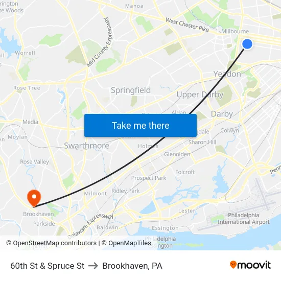 60th St & Spruce St to Brookhaven, PA map