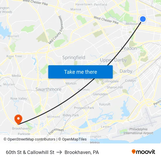 60th St & Callowhill St to Brookhaven, PA map