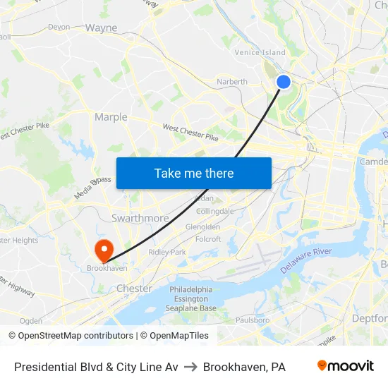 Presidential Blvd & City Line Av to Brookhaven, PA map
