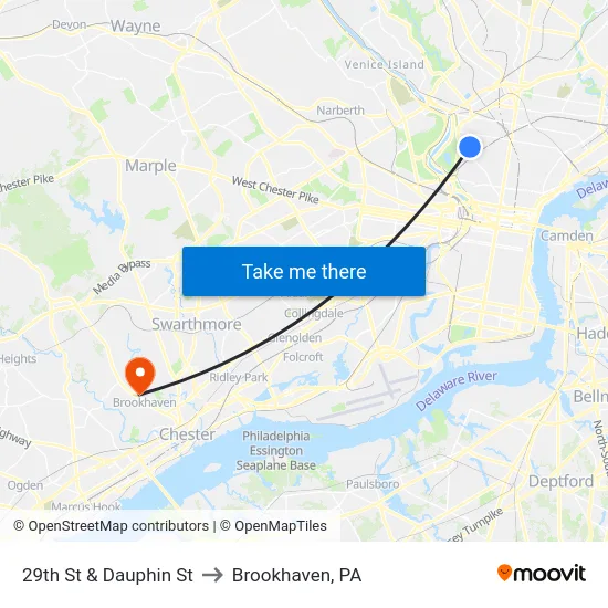 29th St & Dauphin St to Brookhaven, PA map