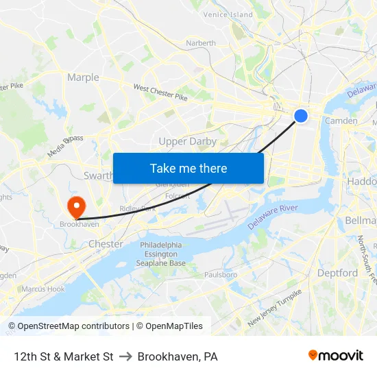 12th St & Market St to Brookhaven, PA map