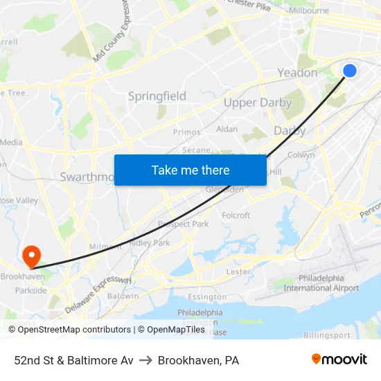 52nd St & Baltimore Av to Brookhaven, PA map