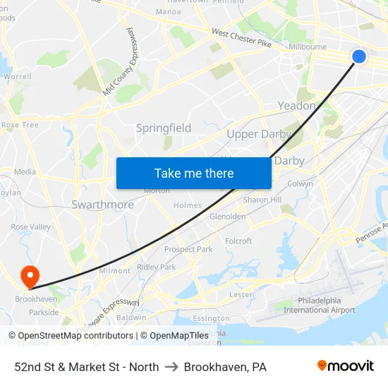 52nd St & Market St - North to Brookhaven, PA map