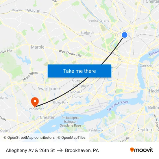 Allegheny Av & 26th St to Brookhaven, PA map