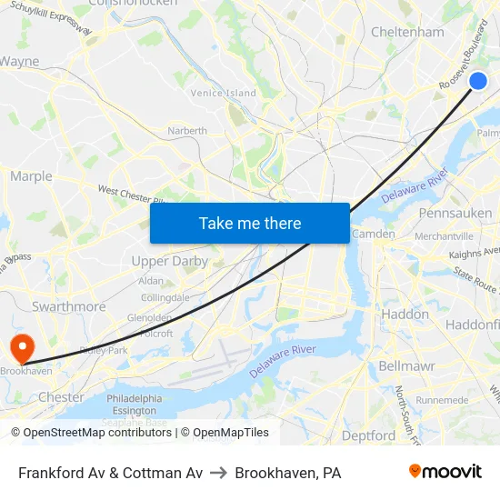 Frankford Av & Cottman Av to Brookhaven, PA map