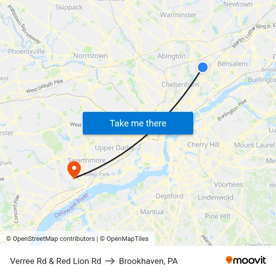 Verree Rd & Red Lion Rd to Brookhaven, PA map