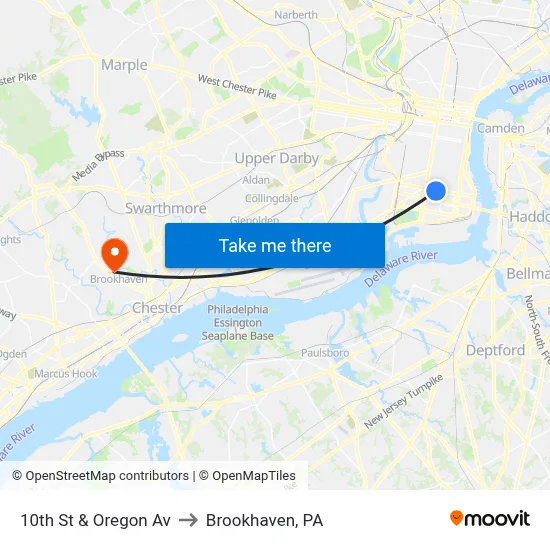 10th St & Oregon Av to Brookhaven, PA map