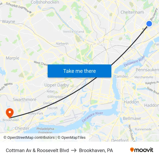 Cottman Av & Roosevelt Blvd to Brookhaven, PA map