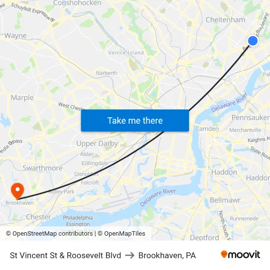 St Vincent St & Roosevelt Blvd to Brookhaven, PA map