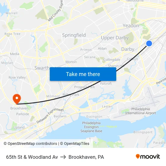 65th St & Woodland Av to Brookhaven, PA map