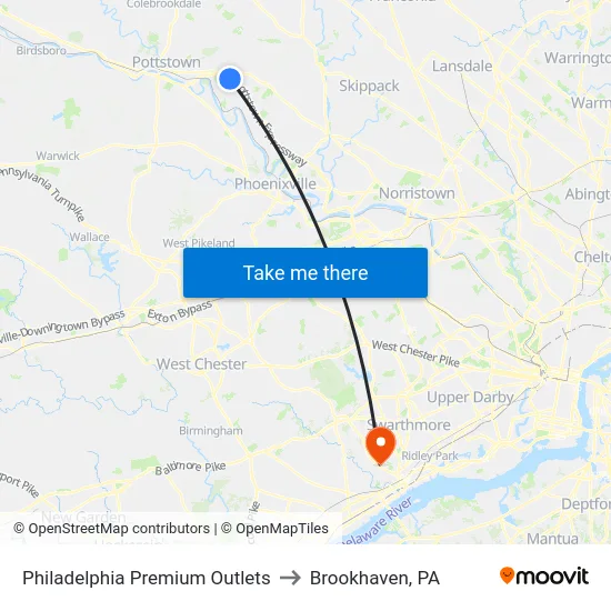 Philadelphia Premium Outlets to Brookhaven, PA map