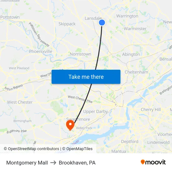 Montgomery Mall to Brookhaven, PA map