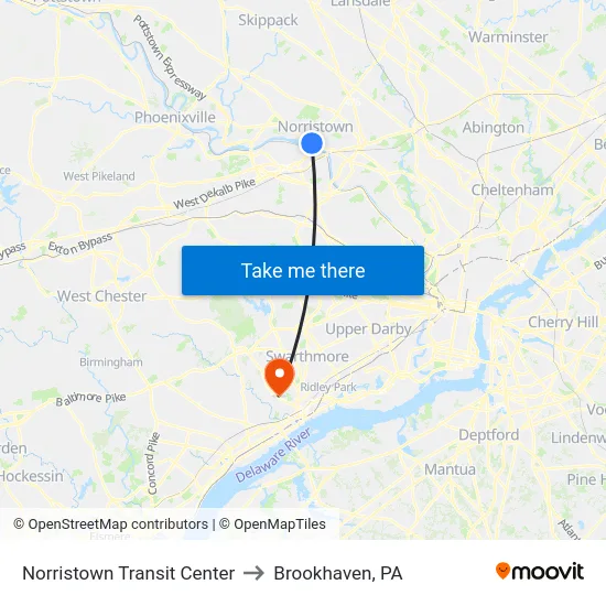 Norristown Transit Center to Brookhaven, PA map