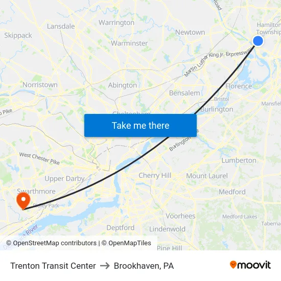 Trenton Transit Center to Brookhaven, PA map