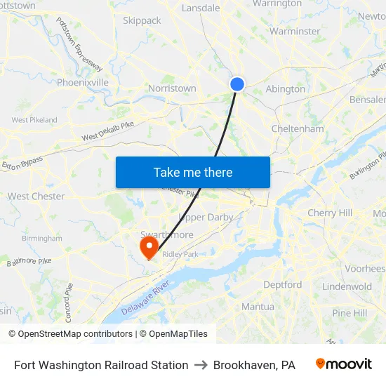 Fort Washington Railroad Station to Brookhaven, PA map